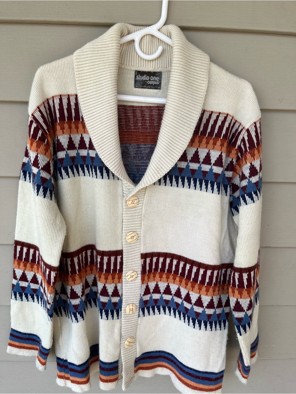Studio One Cream Shawl Collar Cardigan with Multicolor Geometric Bands